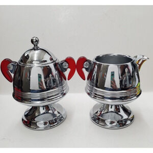 Vintage Chrome Sugar & Creamer Set Red Bakelite Handles Chrome Mid Century Retro